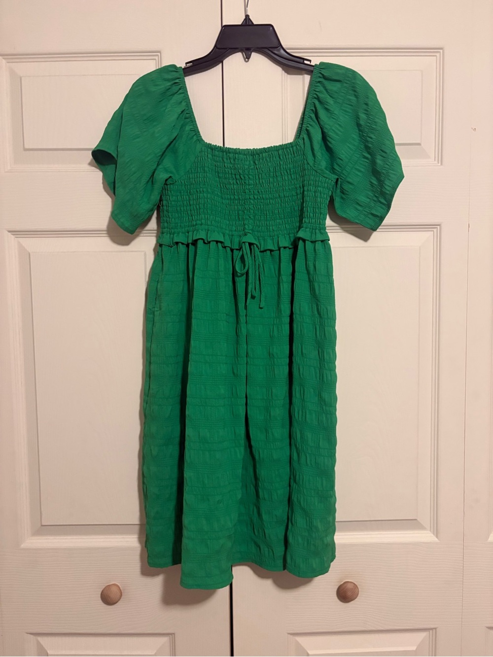 Emerald Smocked Midi Dress with Puff Sleeves
